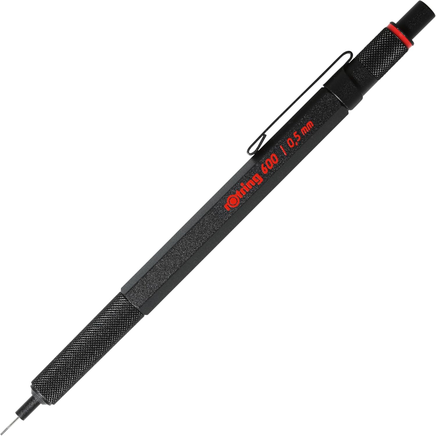 photo of black mechanical pencil with red brand label on it on white background